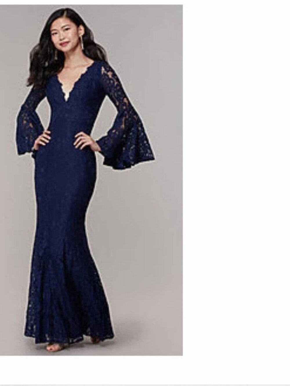 Maniju Women's Navy Blue Long Bell Sleeve Lace Gown